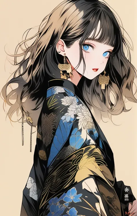 (Highest quality, sketch:1.2),Realistic,An illustrationレーター,anime,1 girl, Detailed lips, kimono,custom, Black and gold gradient ...