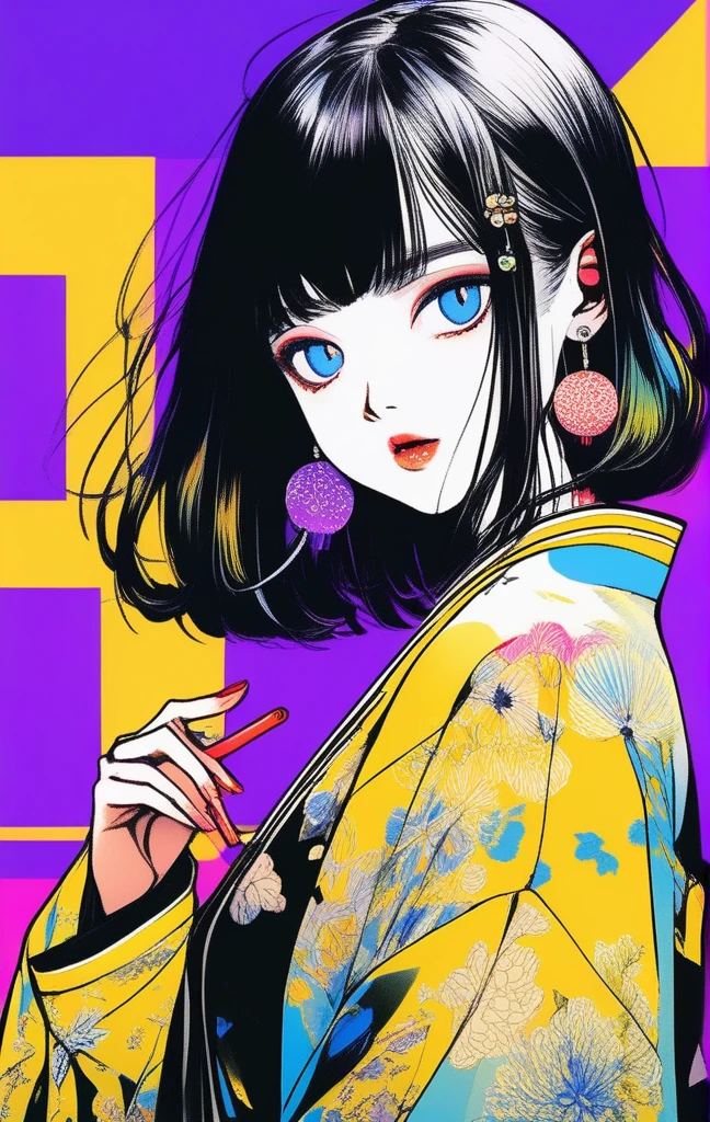 (Highest quality, sketch:1.2),Realistic,An illustrationレーター,anime,1 girl, Detailed lips, kimono,custom, Black and gold gradient background,Neon Hair,Texture Cropping, masterpiece, Style: Retro Classic, Black Style 、An illustration、art、70s horror movie posters, Supervised by Junji Ito、Attention to detail, Realistic Shadows、Analog Style, chromatic aberration, Surrealism、Complementary Gradient、1 girl, 18yo, (flat chest: 1.5), Blue eyes, light brown hair, bob cut, summer outfit, smile, open mouth, standing, upper body, (various pose:1.5), summer festival, holding candy apples with stick, crowd, night, 8k, RAW photo, best quality, masterpiece, extremely detailed 8k wallpaper, ultra-detailed, best shadow, detailed background, beautiful detailed face, beautiful detailed eyes, nice hands, perfect hands