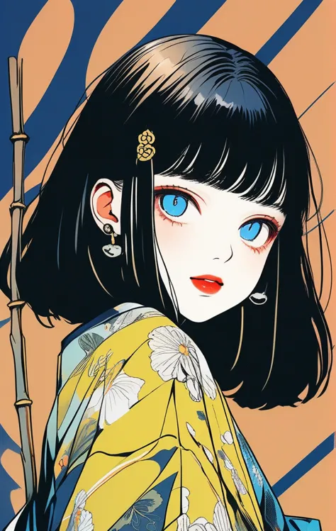 (highest quality, sketch:1.2),realistic,an illustrationレーター,anime,1 girl, detailed lips, kimono,custom, black and gold gradient ...