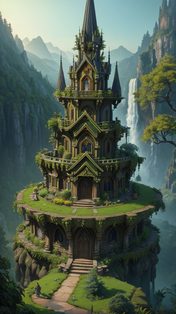 a man little  dressed as a gnome walking on the ground with a stick, wearing a yellow gnome robe, a castle sitting on top of a lush green hillside, by Michael James Smith, by Edwin Deakin, by Raphael Lacoste, fantasy matte painting，cute, beautiful render of a fairytale, fantasy architecture, detailed 3d gothic oil painting, mix with rivendell architecture, still from a fantasy movie, elven architecture, fantasy house, style of thomas kinkade,crawl.a waterfall flowing through a lush green forest, intricate matte 3D gothic, by Michael James Smith, very beautiful matte fantasy, Strange trees, roads, flying angels,beautiful matte elf,fantasy matte,