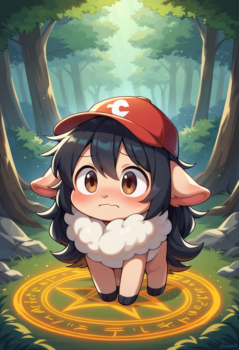 masterpiece, best quality, expressive eyes, perfect face, a man get transformed into sheep, cute, red baseball cap, solo, surpriced, blushed, nsfw, ecchi, long hair, black hair, brown eyes, full body, in a magic forest, glitter, embarrassed pose, magic circle on the floor.  