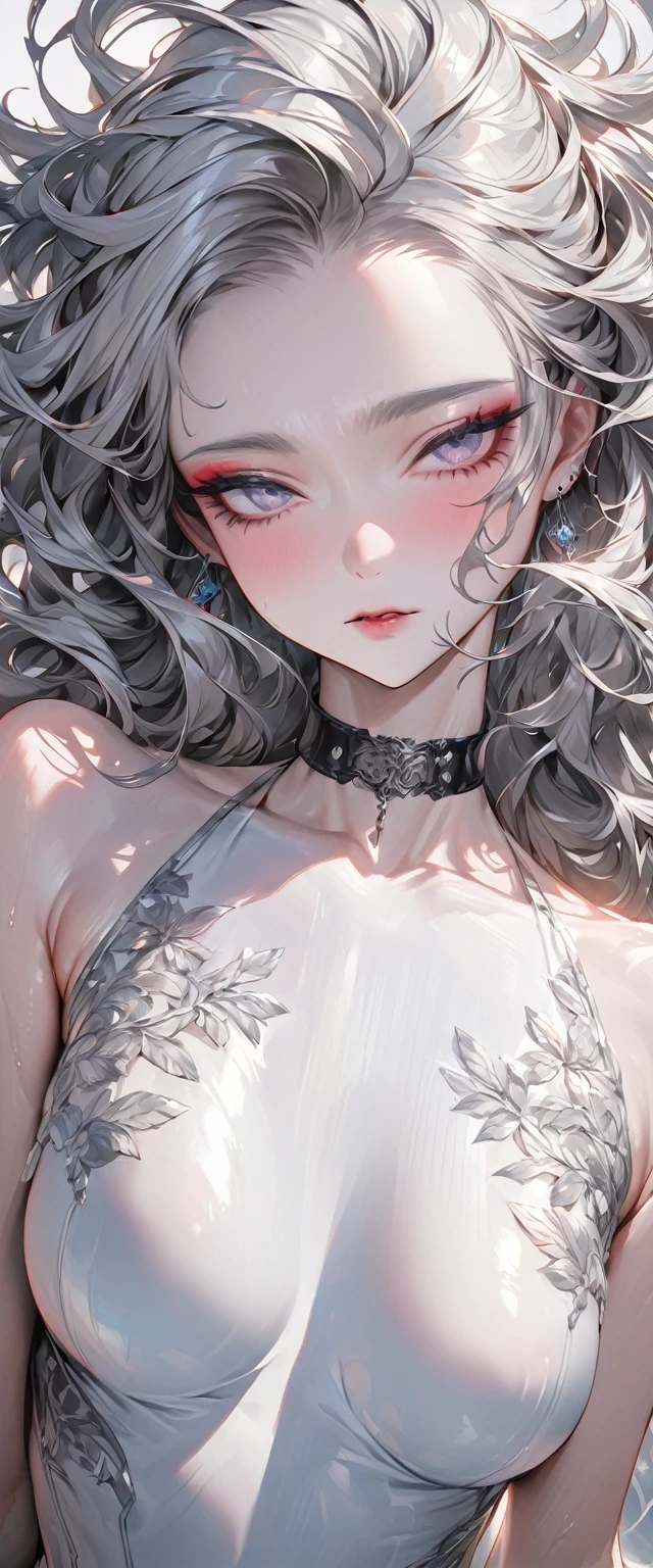 beautiful woman, cool and sadistic, amorous and lewd face, looking down with a cold gaze, make-up, beautiful messy hair, great proportion, tight suits, choker, (ultra detailed, absolutely resolution, best quality:1.3), 2.5D, delicate and dynamic, shading effects