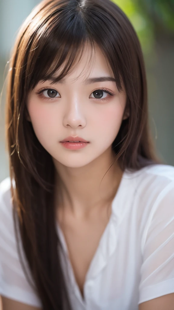 masterpiece, Highest quality, 8k, 1 girl, 20 I, Looking into the camera、((sit))、Surprised face, (close), up of face, alone, cute, Girlish, Delicate girl, Pure beauty,  RAW Photos, Professional photography, Portraiture, Soft Light, Professional Lighting, Backlight, I look forward to seeing you, Sophisticated, Film Grain, (Eye and facial details:1.0), long hair floating, shirt、Beautiful, flowing hair, bangs, whole body