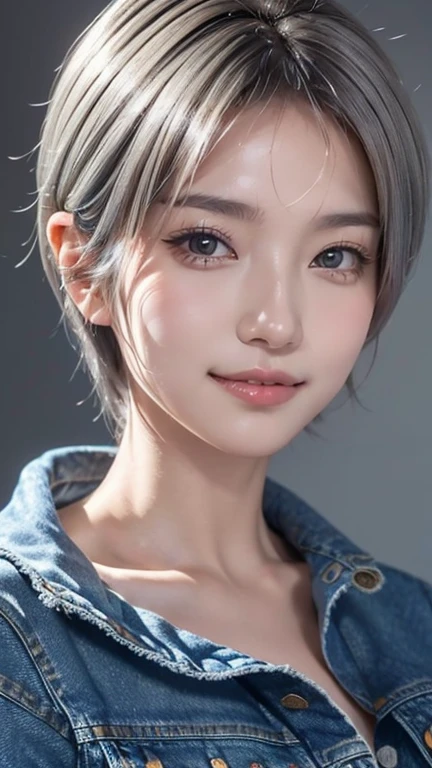 Realistic, masterpiece, Highest quality, Highest Resolution, Portrait of a Japan woman, Depicts only the upper body, Portrait background, Happy smile, Slightly to the side, Always observe the audience, Beautiful and detailed eyes, Dark Eyes, Looks sleepy, Sparkling eyes, (Hidden eyelid wrinkles:1.2), Thin eyebrows, Draw eyelashes carefully, Natural Makeup, (short hair, Silver Hair:1.3), Detailed face, (Face close-up:1.2), ((Denim jacket), naked)