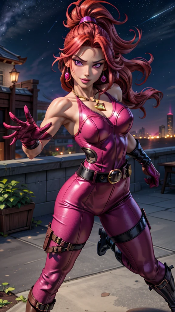 a caramel skinned superheroine, slim athletic body, She wears a bright red shirt and red pants, lighter highlights, thigh high boots, long gloves, ((gold belt)) with star shaped buckle, bare shoulders, necklace with star shaped pendant, red tear drop earrings, (vibrant magenta hair:1.3), long hair, high ponytail, red highlights, wearing goggles over eyes, (detailed eyes:1.2), (detailed face:1.3), smile, pink lips, pointed ears, City background, Full body image, standing heroic pose, fists to her side, (best quality, 4k, highres:1.2), (detailed mouth and lips), (purple eyes, sharp eyes), round cheeks, (detailed hands), fists, (good hands)
