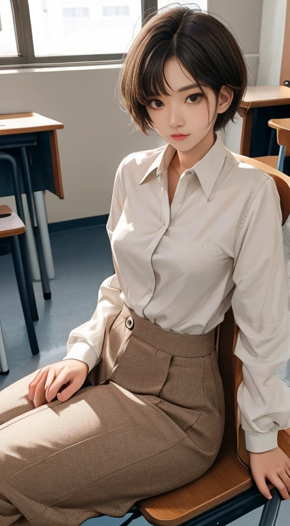 1 high school student, Short hedgehog hairstyle, Light brown eyes, Thin lips, Round Face, Covers medium breasts, Slim hips, Wearing traditional Korean high , Attractive appearance, Sit in a chair in the classroom, Looking at the audience blankly , SFW