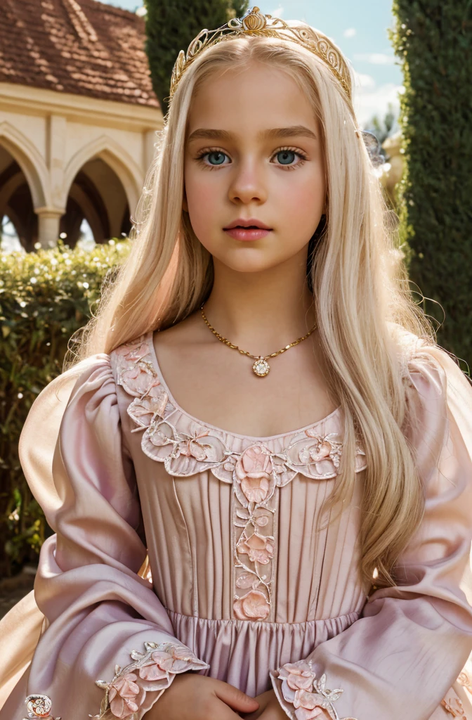 A long shot photo of a White Blonde hair, fluffy hair, stylish hair, long hair, lilac eyes, perfect eyes, beautiful, perfect face, (((kid))), , tiny, kind, curvy, a flowing pale airy gown with ruffles along the bottom with tiny pink flowers and gold dragon embroideries with flowers, Her tiara had a pretty teal gemstones, silver necklace, lifesize dollhouse In background, royal, royalty, red castle, lush gardens, medieval, elegant surroundings, soft dewy makeup look, light peach blush, soft tan eyeshadow, light coral lipstick, cutesy, girlish, girly, guileless, ingénue, princess , whimsical lighting, Targaryen, octane render, highly detailed, photorealistic
