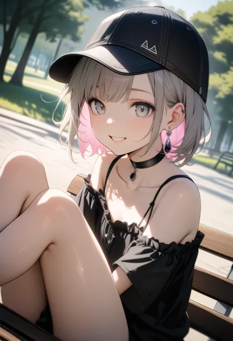 very cute 15 year old girl, ((she has several silver earrings in her ears. a stylish black baseball cap. black choker、black-base...