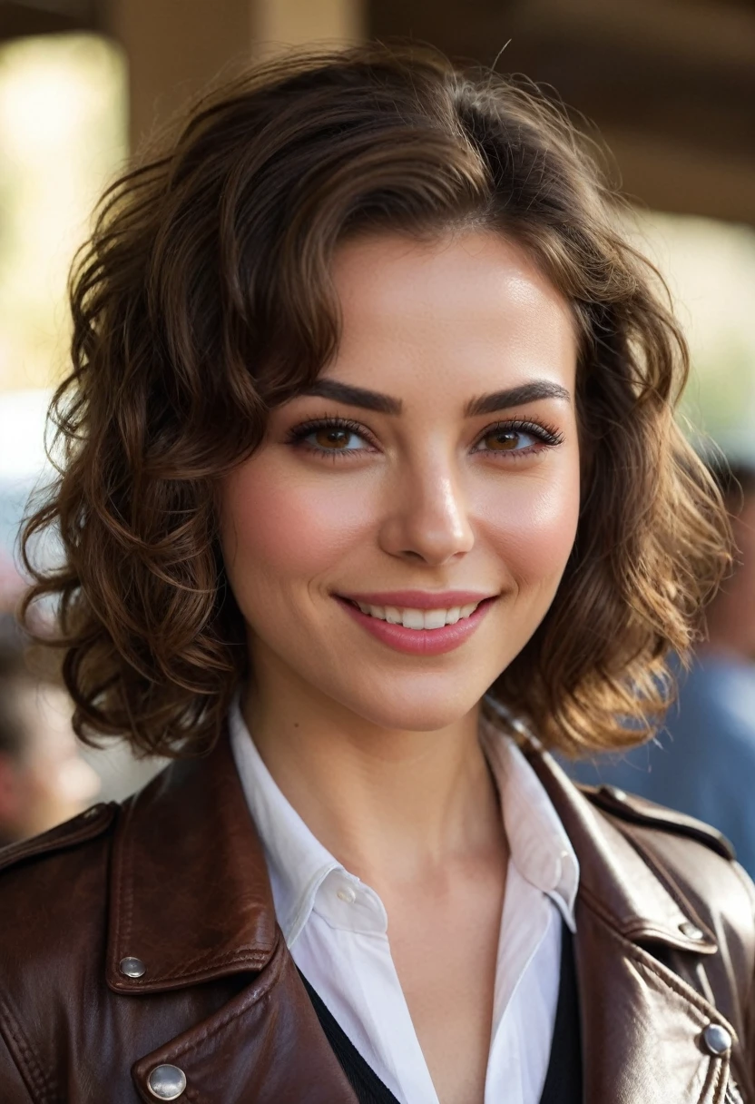 Closeup on face, blurred background. Breathtaking cinematic photo of a 30 year old girl with Brown hair and eyes, happy face, smile, happy, content, beautiful teeth (brown leather jacket, black clothes, black dress shirt, shirt, Cowboys) beautiful lips, intricate details, shallow depth of field, Very detailed, Big budget Hollywood movie, epic, beautiful, masterpiece, awarded, professional, Very detailed, detailed skin texture, (blush: 0.5), (Goosebumps: 0, 5). (the most beautiful woman in the world) (Brown hair) (Short and curly hair, For the rebel, elegant cut) thin face, fine nose, beautiful, very beautiful, perfect face, slender body (slender), (Brown hair) (Brown eyes) (White skin) beautiful body, cara occidental, predatory eyes, pink lips, thick thighs. Whole body, western beauty, fine nose, beautiful, perfect, ((Best Quality)), ((ultra resolution)), ((photorealistic: 1.4)), (intricate details), perfect face, make up: 1.5 , clear face, Facial details. Front view