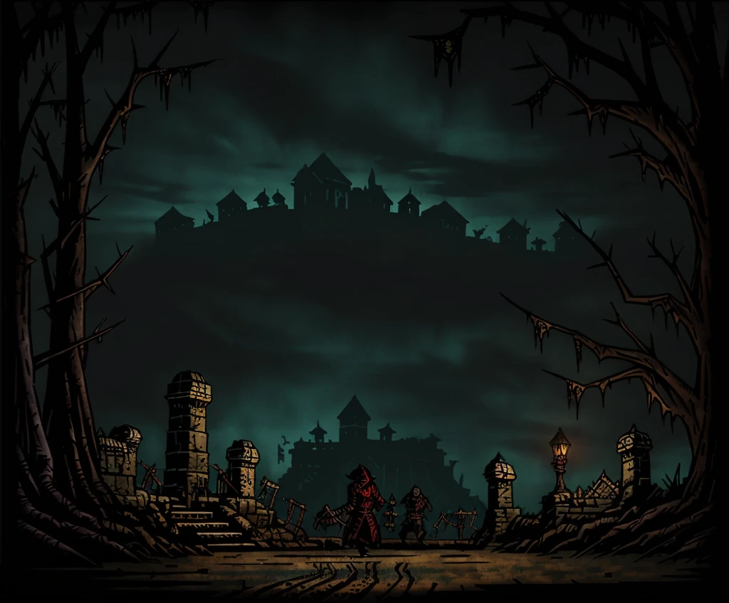 (((Darkest Dungeon-Stil))), ((dunkelster Kerkerhintergrund)), großes Ödland, viel dunkler grauer Sand, gray DORN trees, Blick vom Hügel, unnatürliche hohe Stahlspitzen ragen aus dem Sand, grauer Horizont, grauer Himmel, düsterer Himmel, endlose Nacht, (dunkle Beleuchtung), viele Schatten, Wald, DORN Wald, DORN, Reben, ausführlich, extremely ausführlich, Meisterwerk