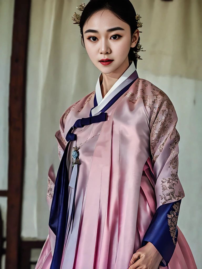 a korean actress starring in a fantasy television drama, film still, shot on a sony alexa, hanbok, edgEF, wearing edgEF eastern clothing, dangui, detailed face, detailed eyes,  intricate details, film grain, skin details, high detailed skin texture, 4k, sharp focus, masterpiece, award winning photo, analog style photo, film grain,