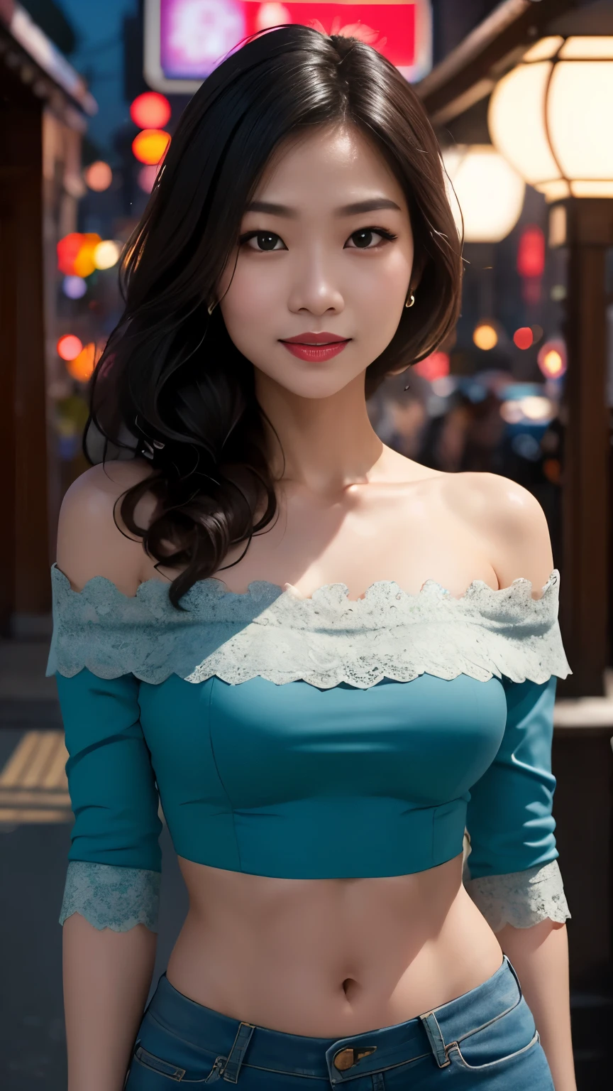 Lace, MALAY GIRL, masterpiece, High quality, UHD 32K, Realistic face, Realistic skin feeling , A Japanese Lady, Very cute face, Night, CUTE GIRL, crop top, off the shoulder