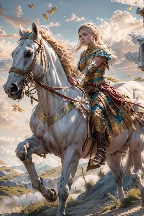 masterpiece, imagine a beautiful 18-year-old female amazon scythian warrior, fierce and fearless, mounted on a striking white ho...