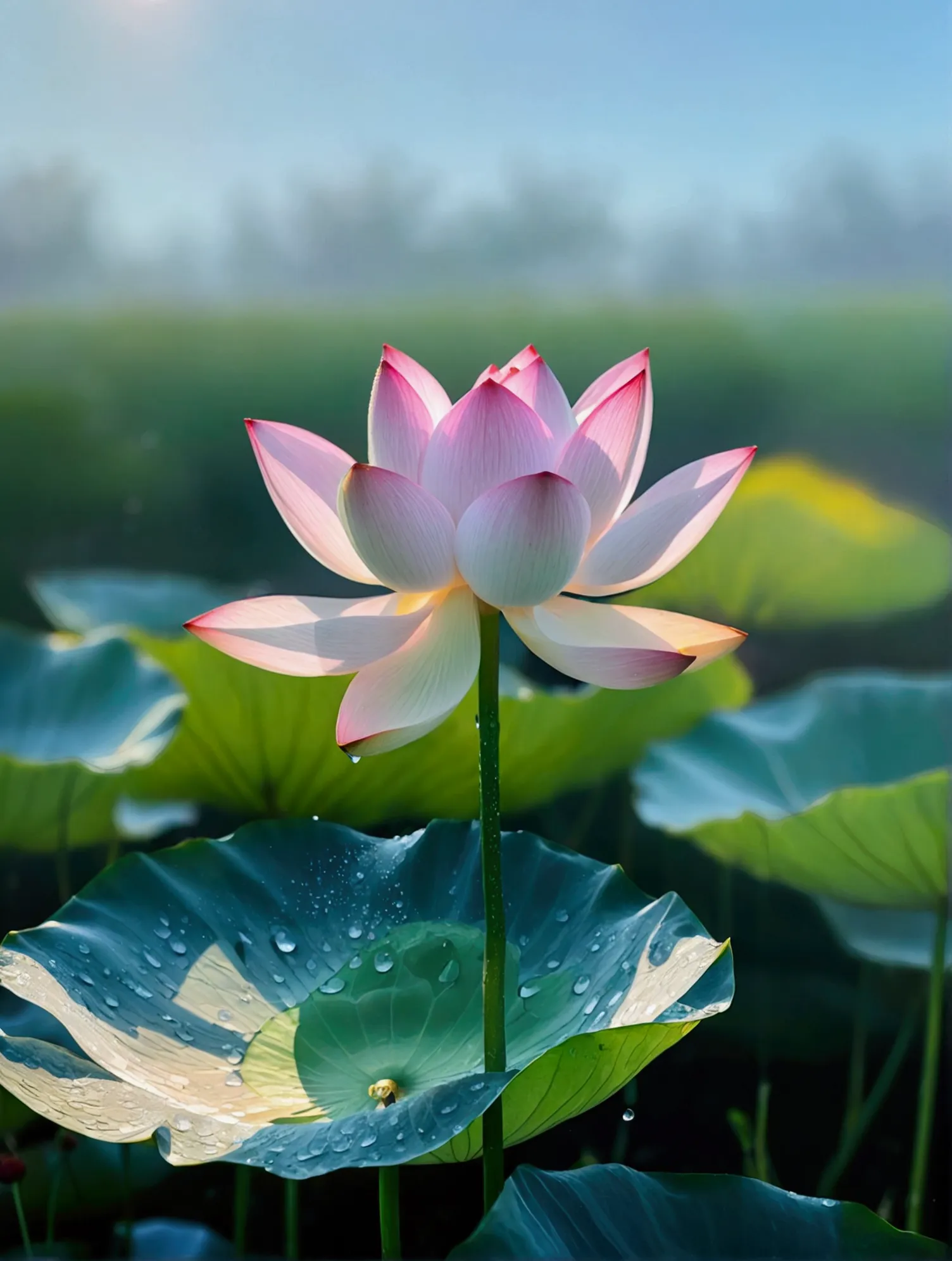 there are a lot of dew and water droplets on the light white lotus，a rainbow appears in the distant background sky，real photogra...