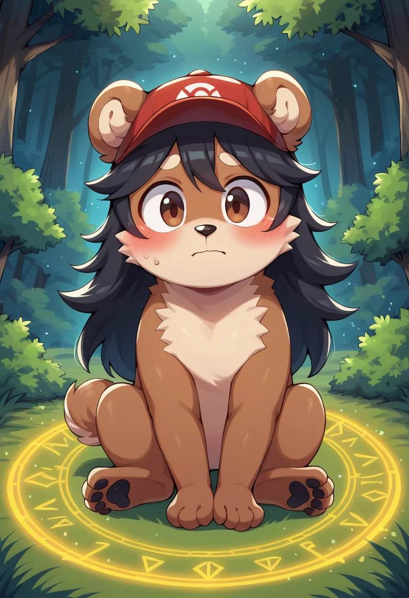 masterpiece, best quality, expressive eyes, perfect face, a man get transformed into female bear, cute, red baseball cap, solo, surpriced, blushed, naked, nsfw, ecchi, long hair, black hair, brown eyes, full body, in a magic forest, glitter, embarrassed pose, magic circle on the floor.  pussy