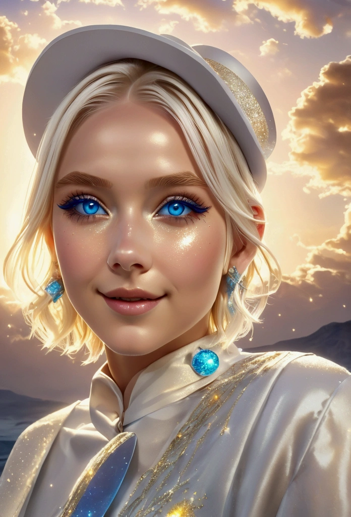 1 girl, masterpiece, extremely detailed, (beautiful detailed glitter), Lens flare, by white, short hair, by the floating, looking back, back behind, smile, blue eyes, White dress, medium breasts, Upper part of the body, plano general, top-hat, ((Salar de uyni)), sunrise, clouds, backlighting, purple sky, yellow sky, gradient sky, Hands in the hat