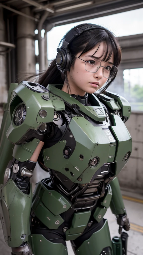 Textured skin, Super Detail, Attention to detail, high quality, 最high quality, High resolution, 1080P, hard disk, beautiful,(War Machine),beautifulサイボーグ女性,Dark Green Mecha Cyborg Girl,Fight,Girl with a mechanical body,、Plain junior high school girl　、Sweaty brown eyes、Sweaty face、Expressions of distress　blush　cute　Black-haired　((Steam coming out of my head)) (Steam coming out of the whole body)Glasses　Embarrassing　Hide the body　Spread your legs　M foot opening　((Falling to the ground))　(Shyness)