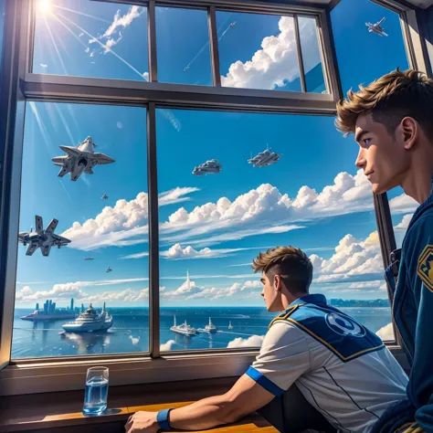 A young man staring out of a window as 4 spaceships fly by in the distance through a bright sunny sky filled with white puffy cl...