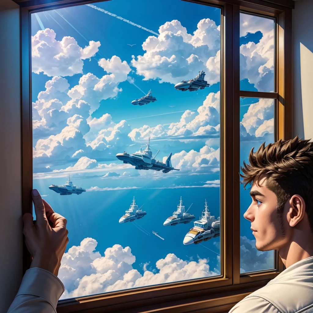 A young man staring out of a window as 4 spaceships fly by in the distance through a bright sunny sky filled with white puffy clouds. The ships leave a trail of streaks in the sky as they zoom pass the ((very large window))