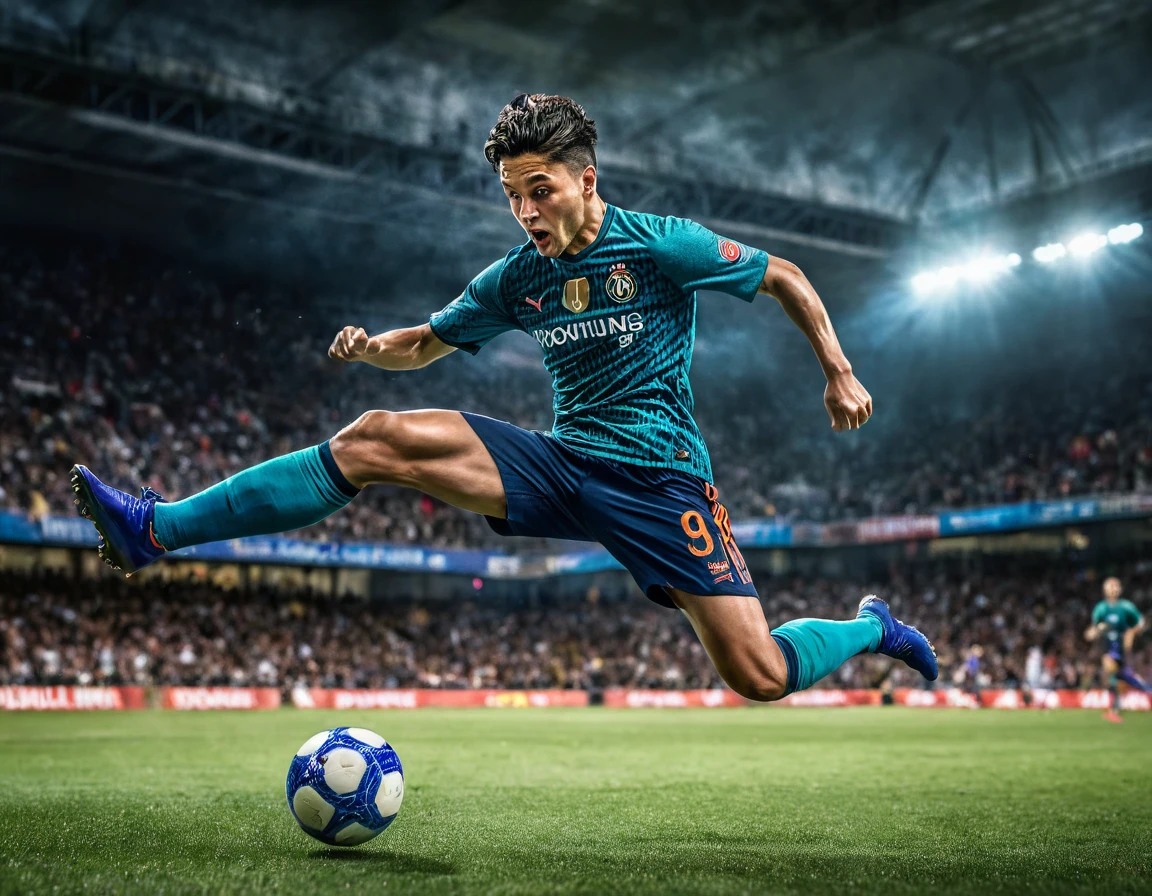 realistic sports photography, 1 soccer player, dynamic action pose, powerful kick, mid air, motion blur, dramatic lighting, cinematic composition, wide angle lens, ultra-detailed, (best quality,8k,highres,masterpiece:1.2),extremely detailed,photorealistic,vivid colors,professional