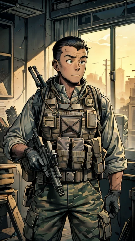 (Teens:1boy: Tintin,clark), (extremely detailed CG unit 8k wallpaper),(master part), (best quality), (ultra detail), (best illustration),(style of Dan Mumford), cowboy shot, (Sharp eyeliner, ombre, detailedeyes:1), post apocalyptic interiors background, ,break , (ruanyi0308,armor,assault rifle,camouflage,holding weapon,load bearing vest,backpack,m4 carbine), upper body, short hair, black hair