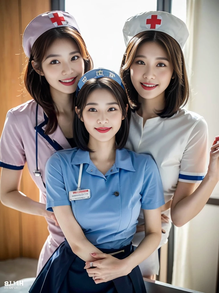 (A commemorative photo of a super cute Korean nurse duo:1.2)(grin,smile:1.1)(Beautiful Sweat:1.1)(16K, RAW Photos, Highest quality, masterpiece: 1.2),(A cute bob cut with shiny brown hair) Super detailed, Super Resolution, (Genuine, Genuine photos: 1.37), Portraiture, High-resolution RAW color photos, Professional photos, Very detailed, 8k wallpaper, Very detailed CG Unity 8k wallpaper, solo,Very detailed beautiful girl, Very detailed faces, ((whole body)), beautiful woman, Huge breasts,(huge boobs:1.1) (Big Boobs:1.1),  (Wearing a nurse uniform),Korean Girls,(Idol-level beautiful gal)(Beautiful girl:1.1)(Luxury Nurse Station)(17 years old)(Nurse Costume:1.1)(Perfect Makeup:1.1)garter belt,Group photo