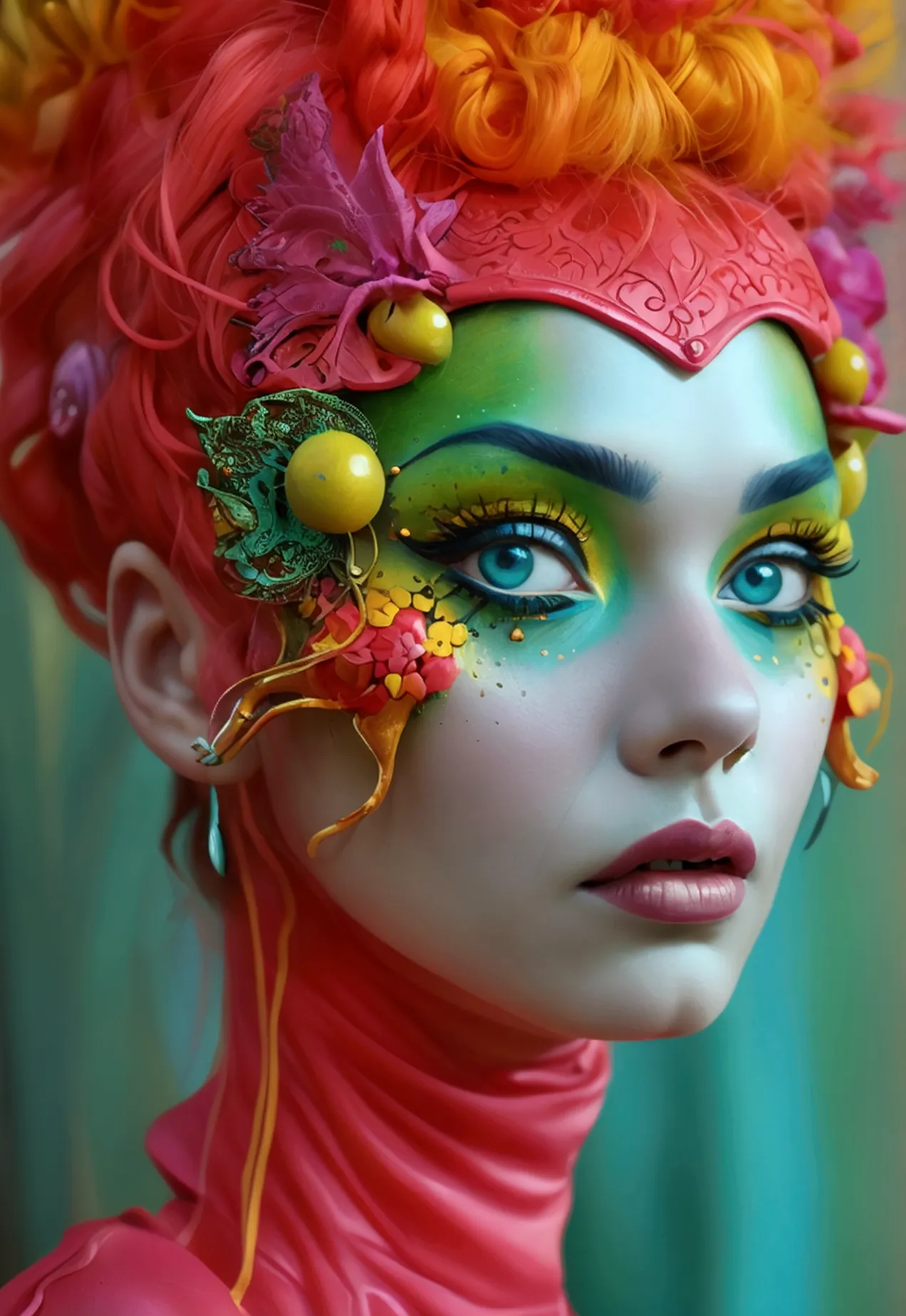 woman with quirky fantasy makeup inspired by jean-pierre jeunet, featuring bright, whimsical colors. her face is adorned with bo...