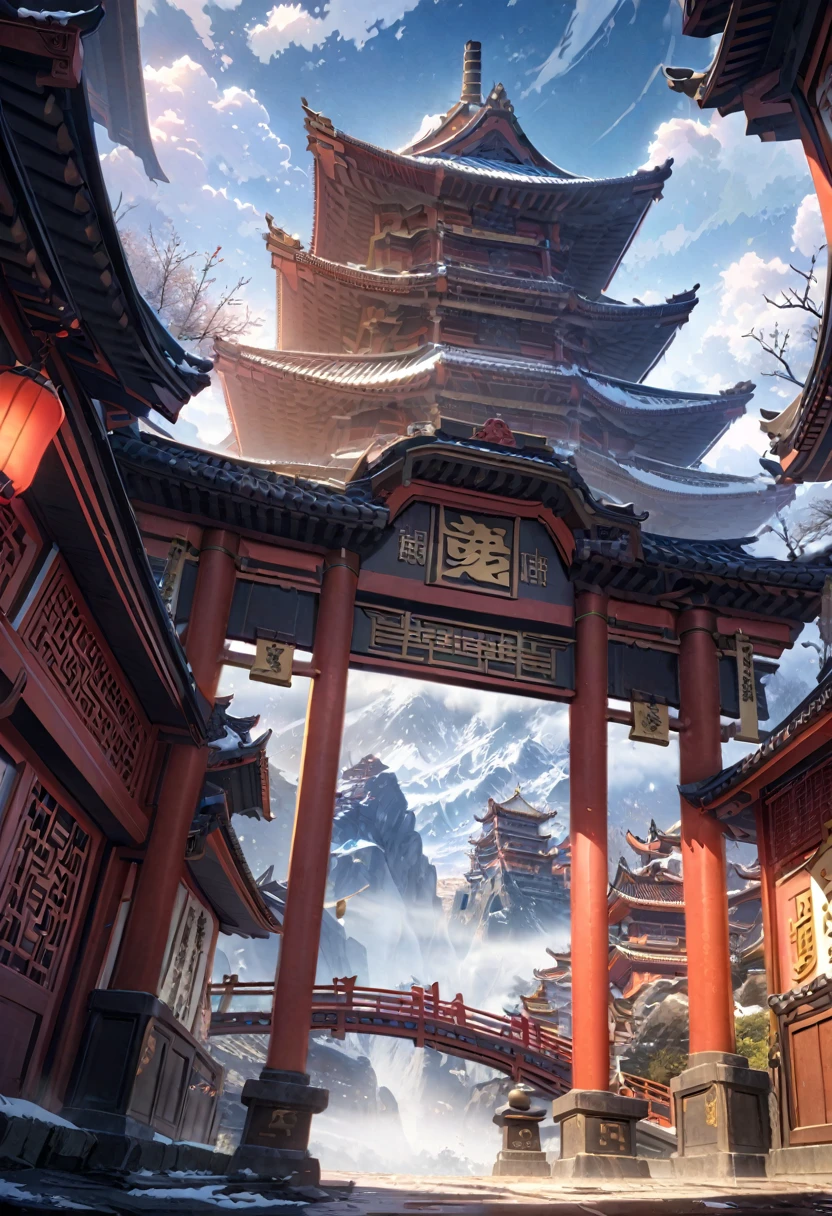  anime aestetics, anime landscape, view from the feet of the mountain, huge chinese sanctuary at the mountain, mountain covered in buildings, red walls. spiky roofs, ancient chinese architecture, transparent fog, big clouds, snowy mountaintops, mystic atmosphere, calm atmosphere, beautiful architecture, wide shot, atmospheric perspective, perspective, from below, 4K, 8k, best quality, award winning, super detail, masterpiece, UHD