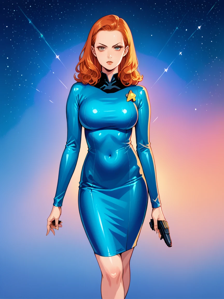 score_9, score_8_up, score_7_up, score_6_up, 1girl, ginger hair, large breasts,  latex, st4rtr3k, dress,blue, star trek, gun,  source_anime