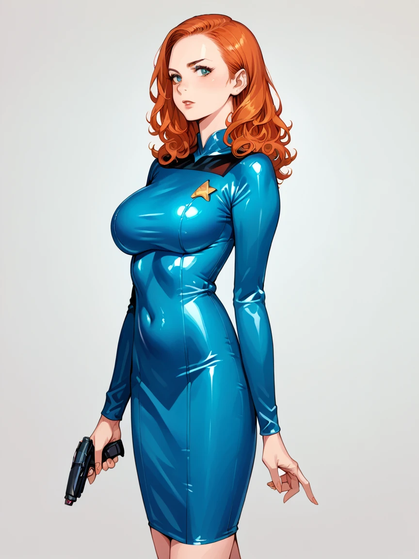 score_9, score_8_up, score_7_up, score_6_up, 1girl, ginger hair, large breasts,  latex, st4rtr3k, dress,blue, star trek, gun,  source_anime