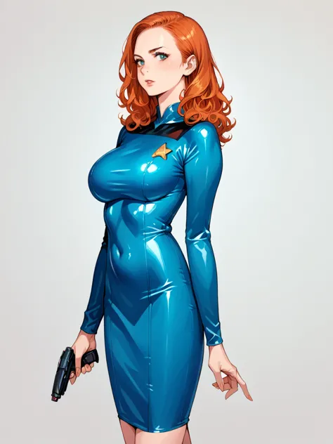 score_9, score_8_up, score_7_up, score_6_up, 1girl, ginger hair, large breasts,  latex, st4rtr3k, dress,blue, star trek, gun,  s...