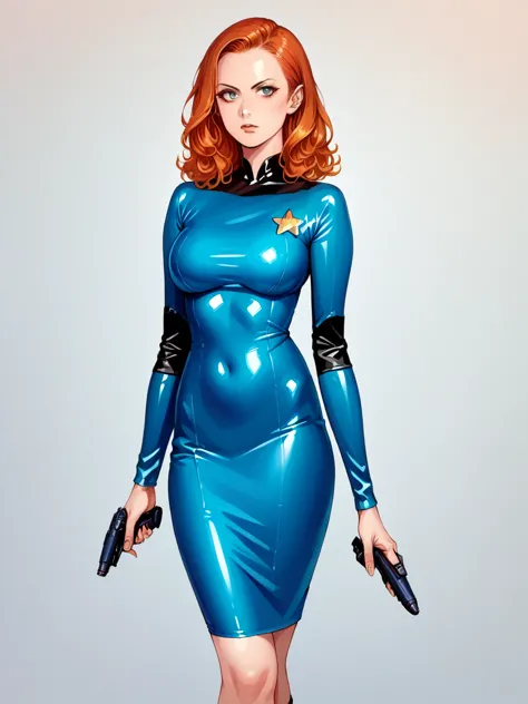 score_9, score_8_up, score_7_up, score_6_up, 1girl, ginger hair, large breasts,  latex, st4rtr3k, dress,blue, star trek, gun,  s...