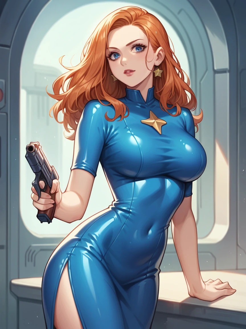 score_9, score_8_up, score_7_up, score_6_up, chong, ginger hair, large breasts, latex, st4rtr3k, dress,blue, star trek, gun, 
