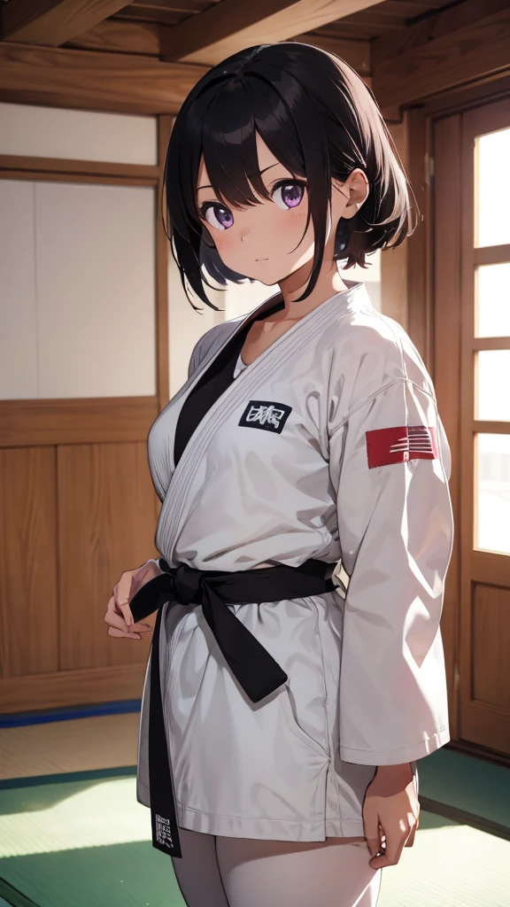 ((masterpiece, Highest quality, Very detailed, Very nice 8K CG wallpaper)), Shion Suminoe, A little thick, Medium Hair, Black Hair, short hair, Purple eyes,judo player、長袖judo着、Large Breasts像、ロングjudoパンツ、judo、Serious expression、Inside the judo Gymnasium、、On the tatami、discovery、One Girl、Ready for battle、A tough fight、Black Hair、Hair between the eyes、Large Breasts