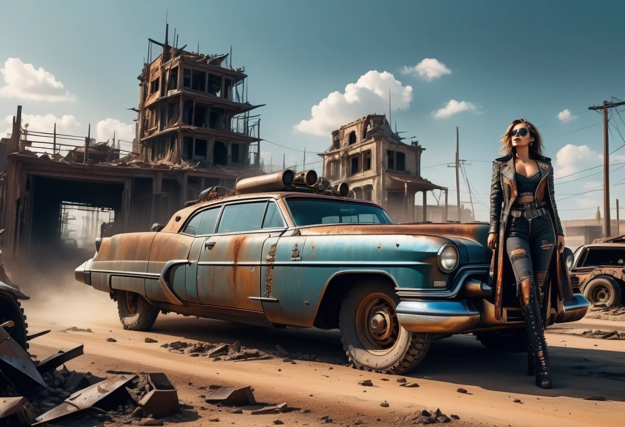 Create a diagonal and faithful image of a sad girl in torn clothes and dirty 18 year old madmax style with dark mirrored glasses leaning next to an old rusty and dirty 1955 Cadillac Eldorado with METAL spikes on the hood, Armored Vehicle, there are MANY SPOTS AROUND the car bodywork. WIDE AND THICK DIRTY WHEELS, rear wheels are tank tracks, front wheels turned, front with a broken metal grille with several rusty spikes and blood-stained anti-zombie spikes; military style with modifications and protection with metal plates, war tank style, broken and dirty headlights with grilles, the car is passing on the street with several 50 meter high and cylindrical buildings in ruins in the center of a modern and ultra futuristic post-apocalyptic city , there is rubble fallen from buildings in the street, steampunk car, dramatic art, dieselpunk art style, apocalyptic road warrior vibe, surreal digital art, mad max inspired, heavy metallic artwork, chrome grille symmetry, arte steampunk digital, It&#39;s not the Mad Max style, metallic art, is not Filip Hodas; artwork style, steampunk digital art, dieselpunk, in a hightech world, photo on the diagonal, high qualiy, 8k, extremely detaild, as realistic as possible.