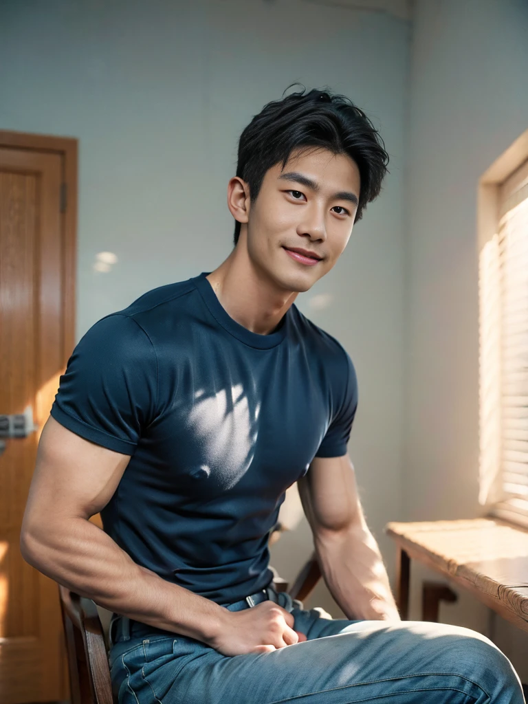 , (As a matter of fact, Masterpiece, 8k HD, good light quality, Navy blue sportswear, fit the face, complicated details), A handsome, muscular young Korean man sits on a chair with muscular arms. , 20 years old, be happy, smile brightly, detailed face, delicate eyes, look at the sky, Wear a tight blue t-shirt.:1.6 , jeans period, black eyes, Black hair color, ผมsmooth, smooth，Surreal，Superb details，Highest quality，real，Open your mouth to talk. , Close your eyes., (standing in the football field:1.1)