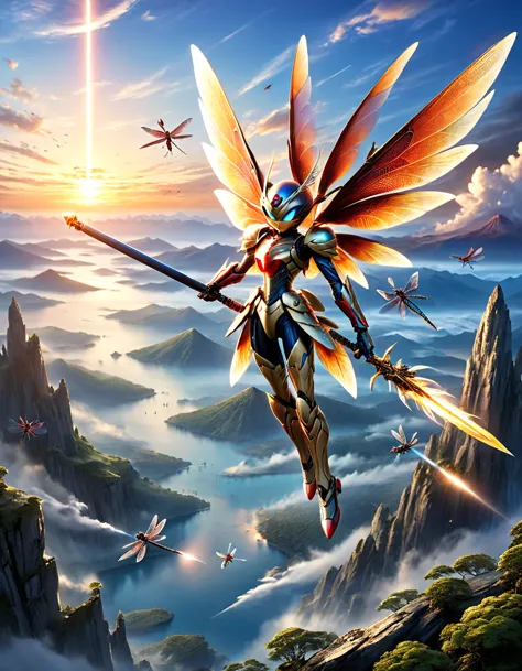 highest quality, masterpiece, high resolution, fantasy world、sunset、sky and mountains、no humans、aura butler、(insect-like armor)、...