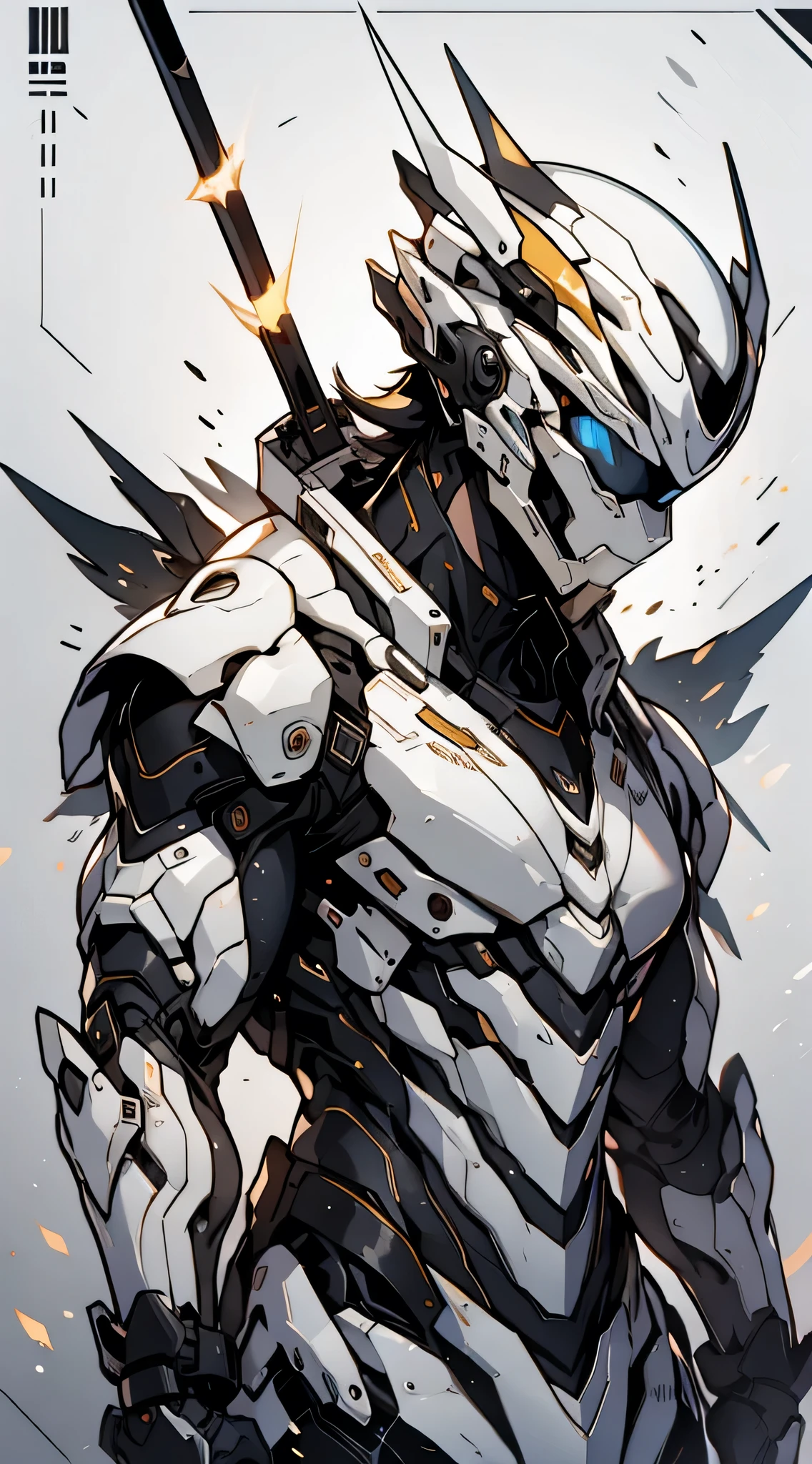 Adult male,Silver hair,masterpiece,high quality,Blank Background,Blue Eyes,(30岁Adult male),The right hand is a mechanical armor,（Bearded：1.3）,Wearing a helmet that completely covers the face,There are wings of light behind me