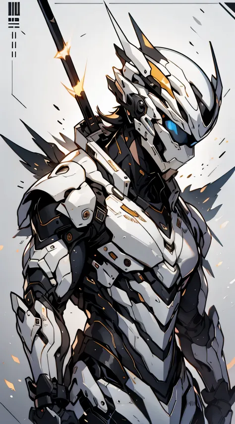 adult male,silver hair,masterpiece,high quality,blank background,blue eyes,(30岁adult male),the right hand is a mechanical armor,...