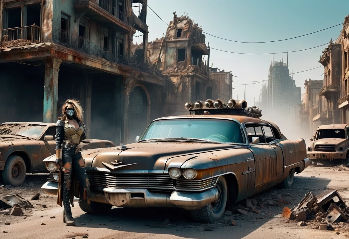 Créez une image diagonale et fidèle d'une fille triste vêtue de vêtements déchirés et sales dans un style Mad Max, se penchant à côté d'une vieille Cadillac Eldorado de 1955 rouillée et sale avec des pointes MÉTALLIQUES sur le capot., elle porte un vieux masque à gaz, véhicule blindé, il y a BEAUCOUP D&#39;ENDROITS AUTOUR de la carrosserie de la voiture. ROUES ARRIÈRE DOUBLE SALE, LARGES ET ÉPAISSES, roues tournées, façade avec une grille métallique cassée avec plusieurs pointes rouillées et des pointes anti-zombies tachées de sang; style militaire avec modifications et protection avec plaques métalliques, style char de guerre, phares cassés et sales avec grilles, la voiture passe dans la rue avec plusieurs grands, bâtiments cylindriques en ruine au centre d'une ville moderne, ville ultra-futuriste post-apocalyptique, il y a de grands immeubles à l'horizon en arrière-plan, il y a des décombres tombés des bâtiments dans la rue, Voiture steampunk, l&#39;art dramatique, style artistique dieselpunk, Ambiance apocalyptique Road Warrior, art numérique surréaliste, Mad Max inspiré, heavy art métalliquework, symétrie de la calandre chromée, art steampunk numérique, Il&#39;ce n&#39;est pas le style Mad Max, art métallique, n&#39;est pas Filip Hodas; style d&#39;illustration, art numérique steampunk, dieselpunk, dans un monde de haute technologie, photo en diagonale, haute qualité, 8k, extrêmement détaillé, aussi réaliste que possible.