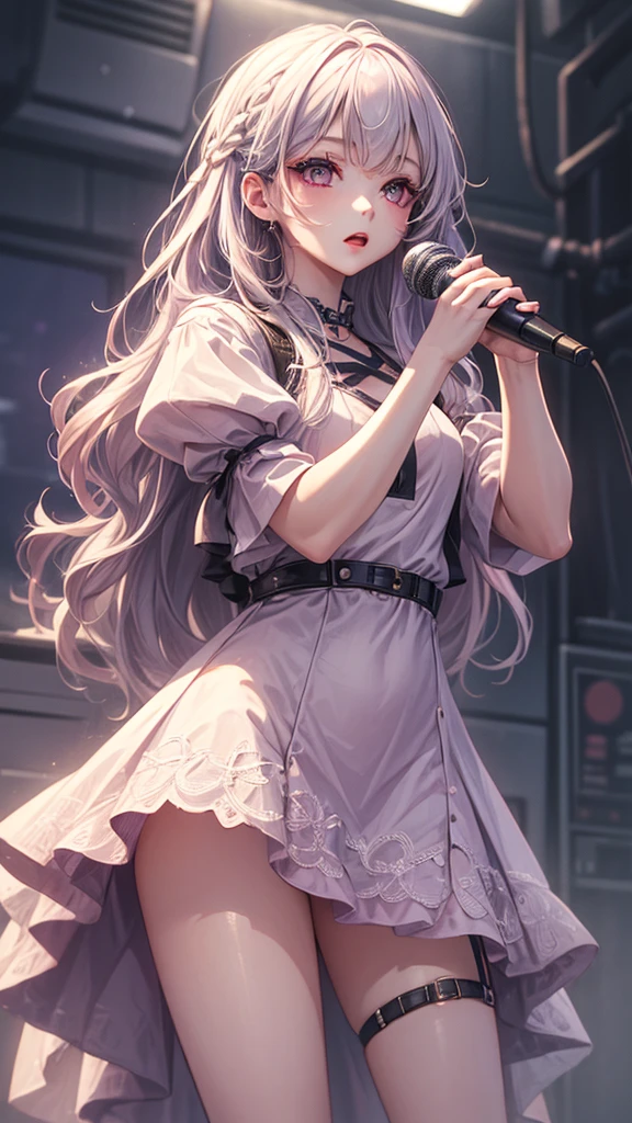 1 girl, standing holding a microphone and singing, she has a beautiful face and body of a 20 year old girl, she has long, flowing gray pink hair and she wears a dress with keyboard motifs and a Small ticker number on the hem of the dress