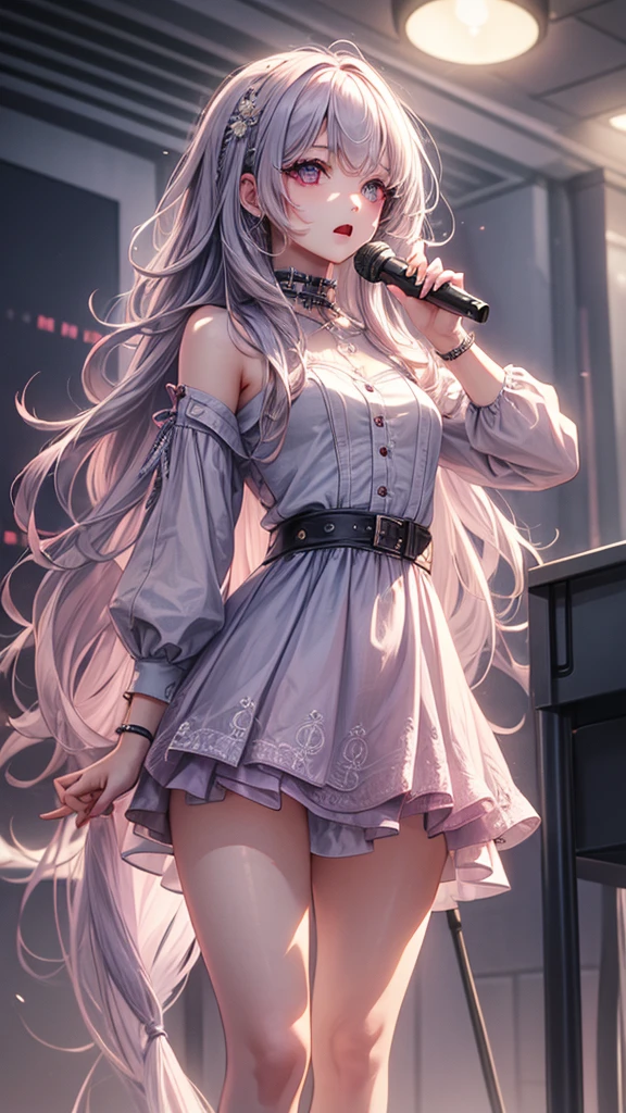 1 girl, standing holding a microphone and singing, she has a beautiful face and body of a 20 year old girl, she has long, flowing gray pink hair and she wears a dress with keyboard motifs and a Small ticker number on the hem of the dress