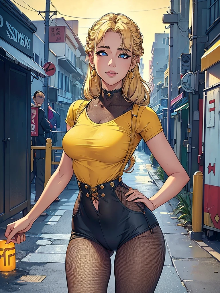 solo una chica,piel blanca,(Brilla),mejor calidad, 4k, Alta resolución, vestido con el cuerpo pegado, sonrisa perfecta, espléndido, Piel clara, cara de ahegao, ojos negros,(Ojos bonitos),detalle ojos, ojos realistas,  pelo largo , pelo rubio (el color del cabello es rubio) ,pelo lacio, pelo de cola de caballo, vistiendo una camiseta amarilla corta  (la parte superior es de color amarillo) and wearing vaquero corto, vaquero corto),y usando pantimedias flacas de acecho(pantimedias de acecho de rejilla), usando arnés de pierna (Arnés para muslos),  la ropa está pegada al cuerpo, traje de cuerpo,1 chica, solo, mirada seductora, elegancia y encanto, (obra maestra, mejor calidad, Alta resolución), mirando al espectador, de pie, (intrincado y hermoso:1.2), (luz detallada:1.2), (luz tenue, luz lateral), (Alta resolución textures) , exterior, piel blanca girl ,exterior background, Luz de sol, atractivo, sexy, maduro y caliente, joven,(obra maestra:1.3), (desestructurado:1.3), (de la máxima calidad:1.3), anatomía perfecta, cara detallada, vista frontal, manos derechas perfectas, mirando al espectador, (Súper detallado:1.3), (mejor sombra:0.7), (cabello tratado), Ojos finos, Ojos bonitos, joven aged woman, alone, de pie, pendientes de cristal,cerrado_boca, , exteriors, arrogant face, pequeño ,Detalle del atuendo,
Detalles correctos del outfit,Muslos gruesos,