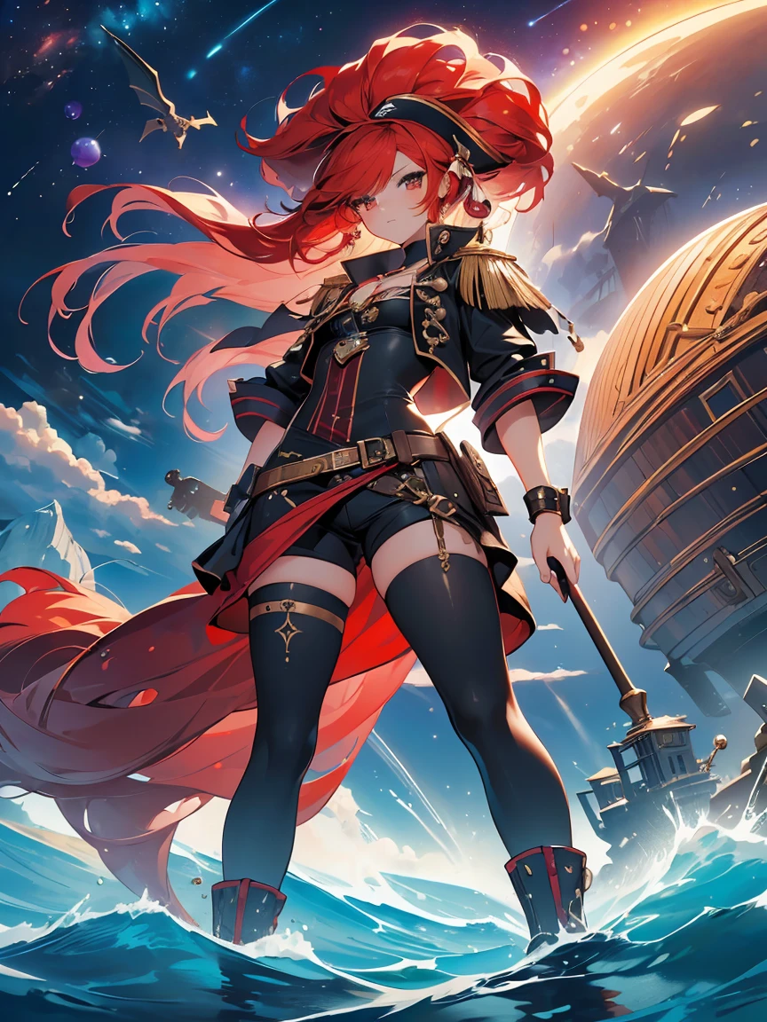 (high resolution) , (best qualityer),(4 k image),(detailedeyes),(body detailed). (1 girl , big red hair),(very small chest), dressed as a special pirate captain,( black and red pirate clothes),with a lollipop, magica,entire body visible,standing (sample body,to the feet), in the sea of space.