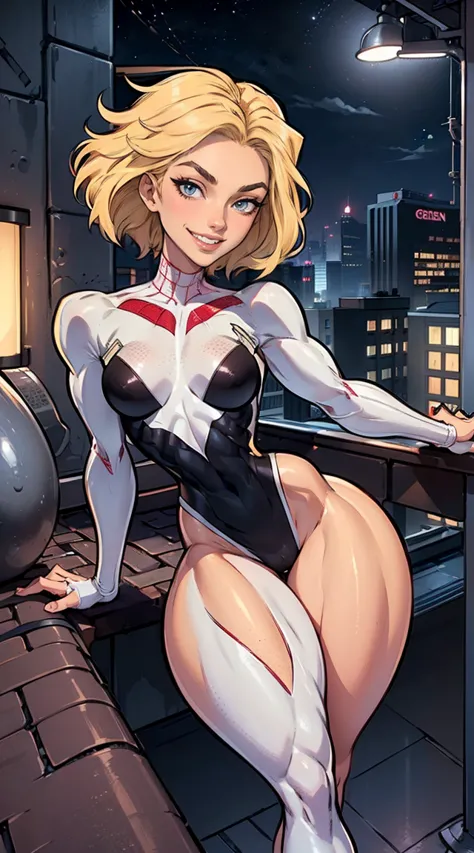 (muscular:1.5), (thick thighs:1.5), 
(gwen stacy, blonde hair:1.4), beauty mark, freckles,
detailed eyes, (big smile:1.5), detai...