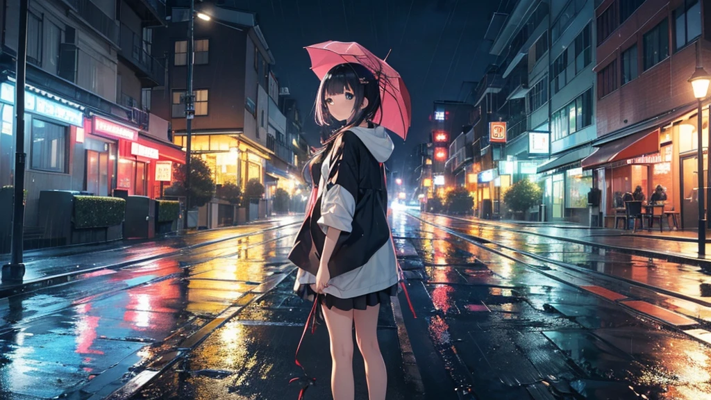 (8k, RAW Photos, Highest quality, masterpiece:1.2), High-quality RAW color photos,傘をさしてin the rainに立っている人がいる, Rainy night, it&#39;s raining at night, Dark glowing rain, it is night and it&#39;s raining, late night it&#39;s raining, Rainy night, It rains, Rainy landscape, Pouring Rain, Rainy stormy night, Rainy mood, Awesome Wallpapers, Aesthetics of Rain, 強いRainy night, in the rain, It rains, rainy atmosphere, it&#39;s raining