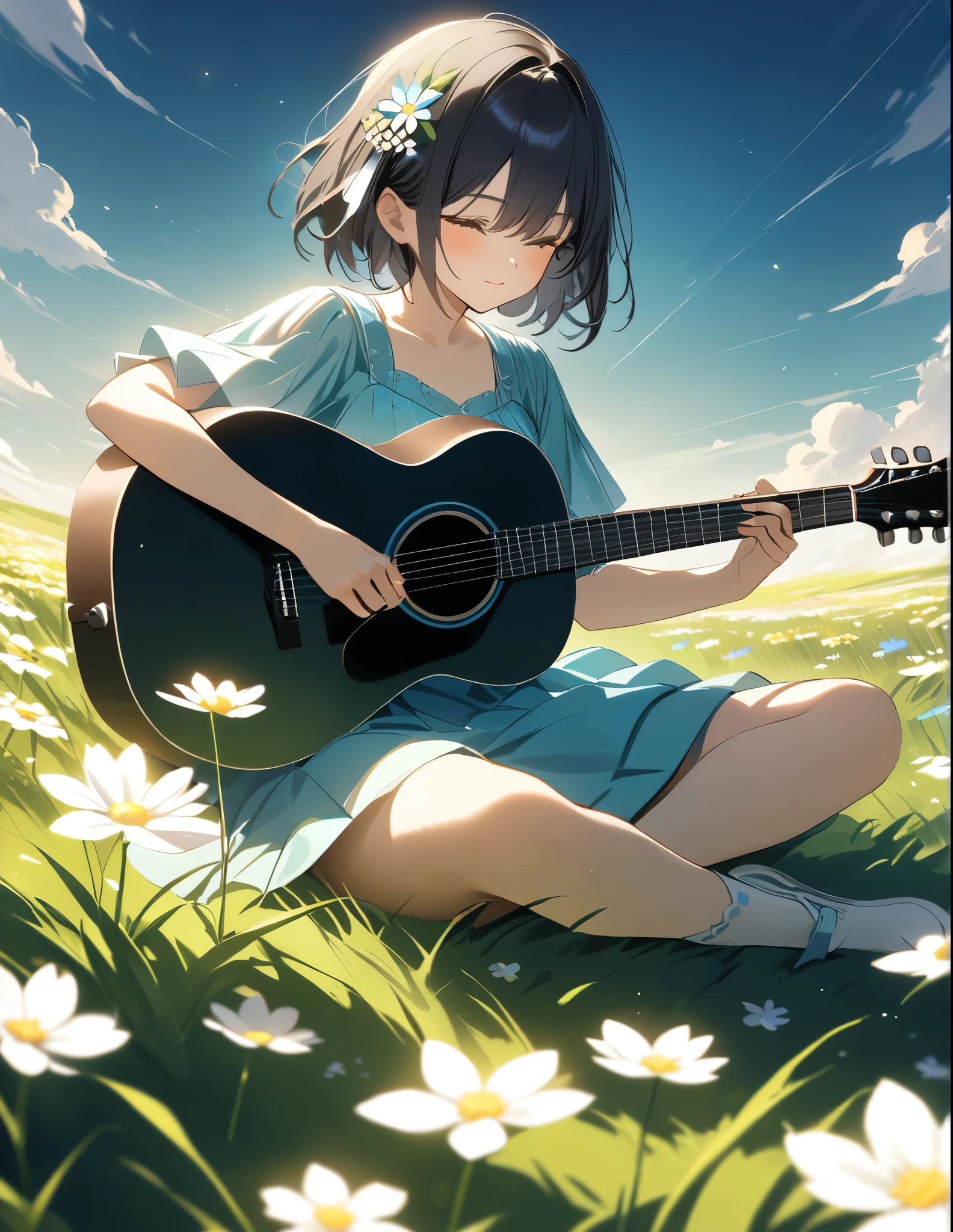 uhd, (masterpiece:1.2), best quality, highres, award winning, high details,Amazingly absurd、Extremely precise drawing、A girl playing guitar and singing in the grass、Sitting、The sky is blue and the flower fields and grasslands are impressive.,My hair is blowing in the wind、Black Hair、short hair、hair ornaments