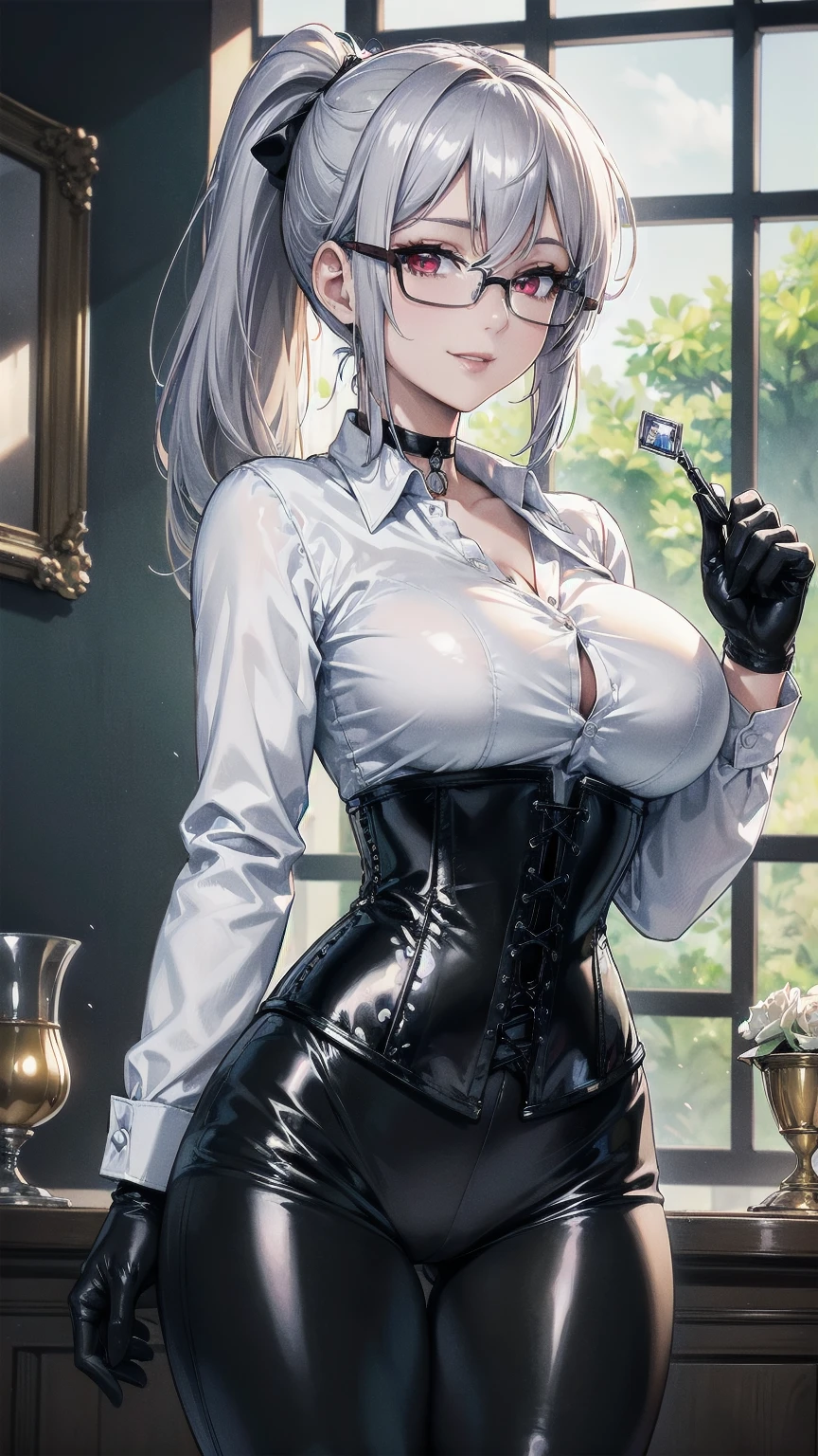 masterpiece, Superior image quality, High resolution, 4k image,photo and gross, photorealistic, whole body, 1 girl, standing, big breasts, {{{vagina}}}, beautiful face, Silver hair short ponytail, Red eyes, very detailed eyes, happy expression, draw smile, Glasses, choker:1.6, (white collar button down long sleeve shirt), black gloves, gloves that cover hands, (black leather corset), (shiny black leggings), Sensual Lips, show details in the eyes, View from the front, looking at the viewer, Elegant living room, at daytime