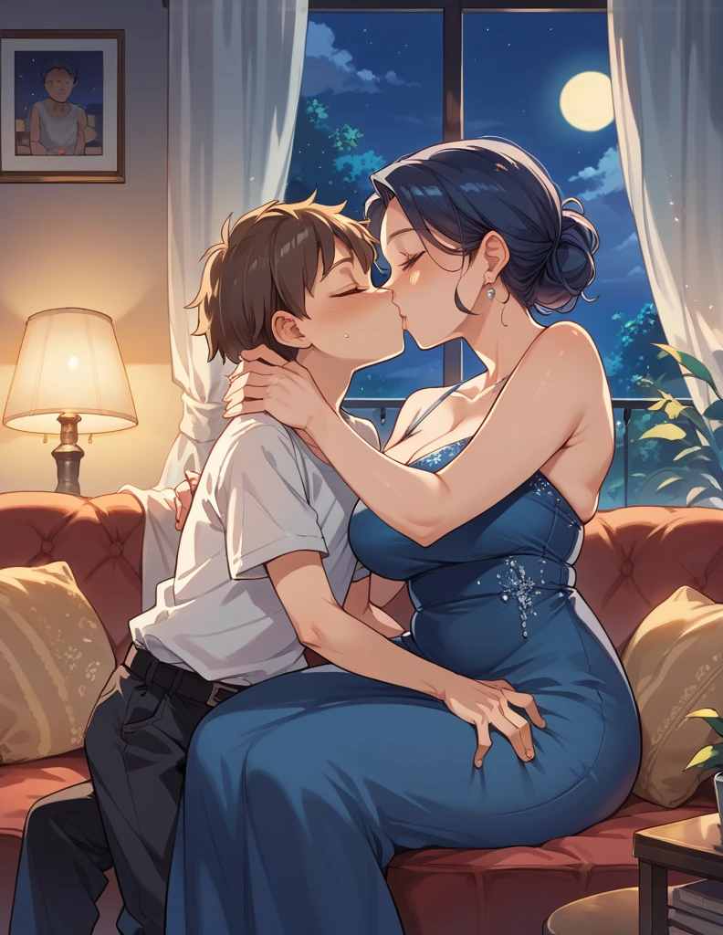 score_9, score_8_up, score_7_up, source_anime, 1boy, 1girl, mature female in a sexy dress, mother and son, kid, kissing , romantic date night, night time, in the living room