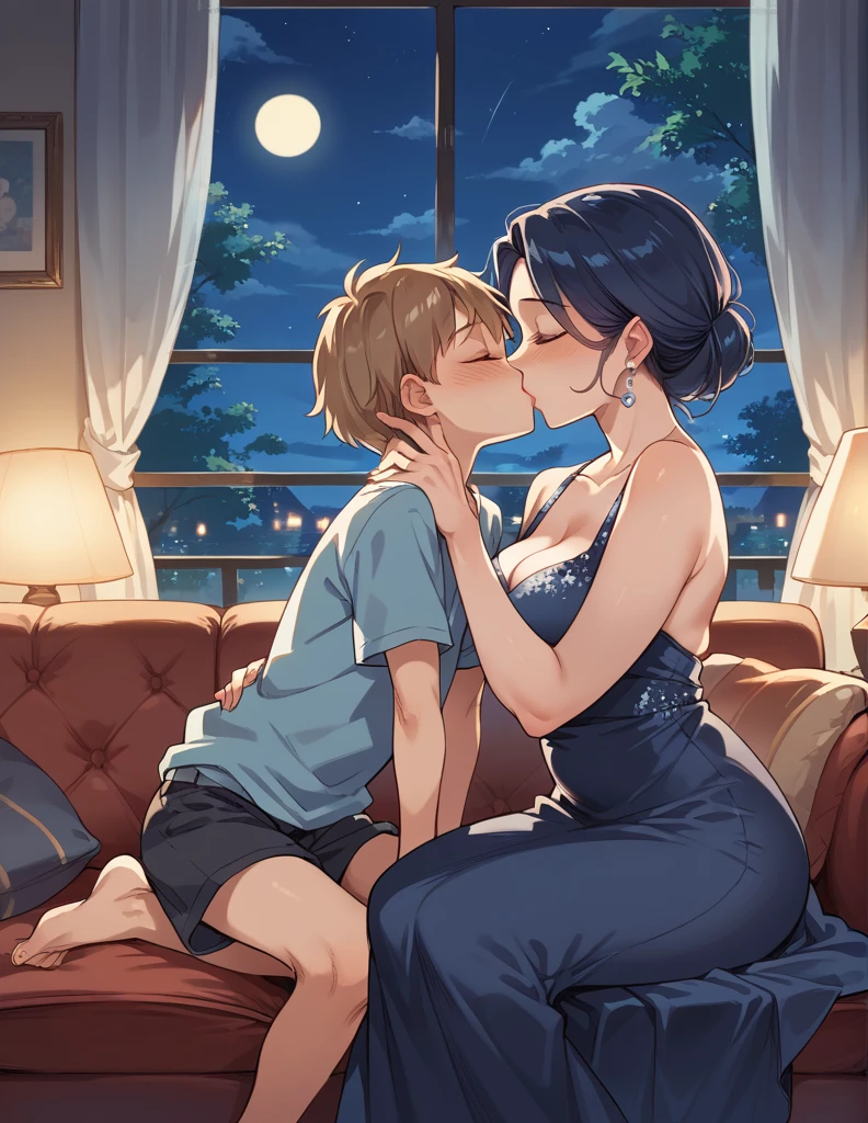 score_9, score_8_up, score_7_up, source_anime, 1boy, 1girl, mature female in a sexy dress, mother and son, kid, kissing , romantic date night, night time, in the living room